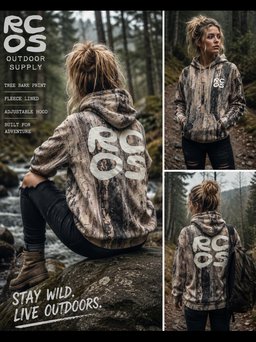 RC Outdoor Supply Tree Bark Camo Hoodie XS Woodland Graphic Sweatshirt